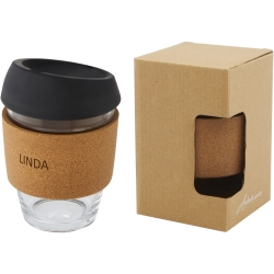 Lidan 360ml Borosilicate Glass Tumbler with Cork Grip and Silicone Lid - Engraved